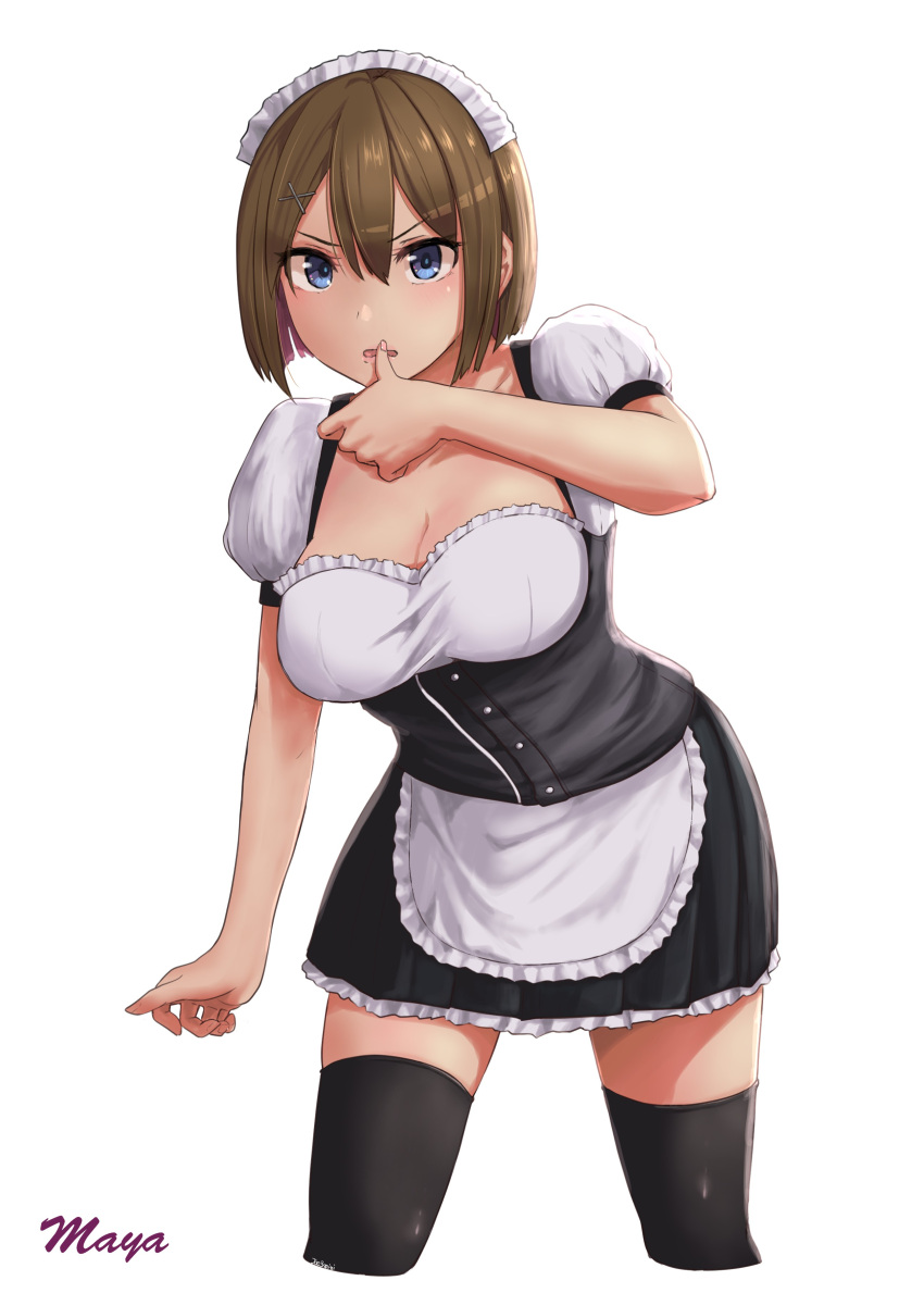 1girl absurdres alternate_costume apron black_dress blue_eyes breasts brown_hair commentary_request cowboy_shot cropped_legs dress enmaided frilled_apron frills hair_ornament hairclip highres jousanrou kantai_collection large_breasts leaning_forward maid maid_headdress maya_(kancolle) puffy_sleeves short_hair short_sleeves simple_background solo standing waist_apron white_apron white_background x_hair_ornament