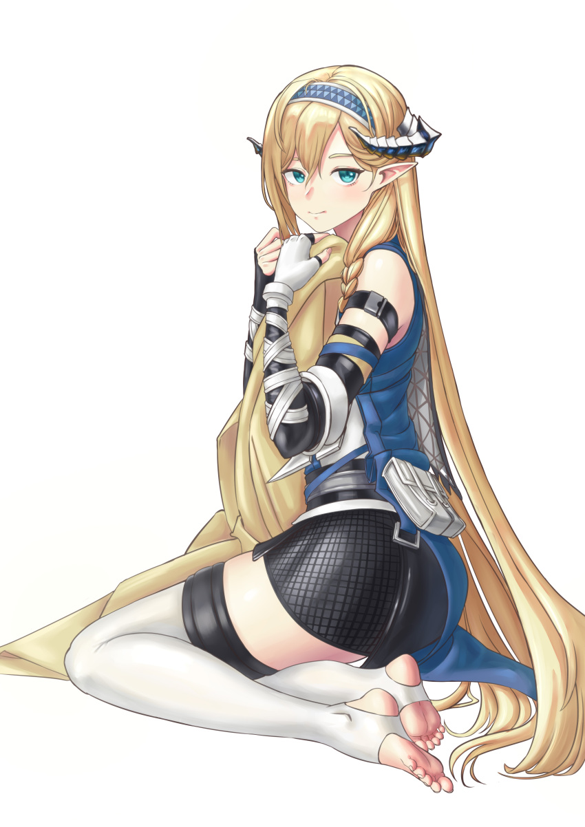 1girl absurdres an_yb arknights arm_strap ass asymmetrical_gloves bangs bare_shoulders black_gloves blonde_hair blue_eyes blue_hairband blush chinese_commentary commentary_request elbow_gloves fingerless_gloves gloves hair_between_eyes hairband hands_up heel-less_legwear highres horns long_hair looking_at_viewer mismatched_gloves pointy_ears pouch saileach_(arknights) simple_background sitting smile solo thigh-highs thighs very_long_hair white_background white_gloves white_legwear yokozuwari