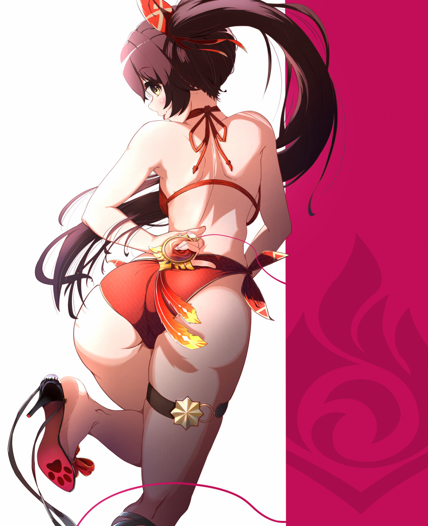 1girl :p absurdres amber_(genshin_impact) ass back backboob bare_shoulders bikini bow breasts brown_hair feet feet_up from_behind genshin_impact high_heels highres looking_back paw_print ponytail red_bikini red_bow strive-wch swimsuit thigh_strap tongue tongue_out vision_(genshin_impact) yellow_eyes