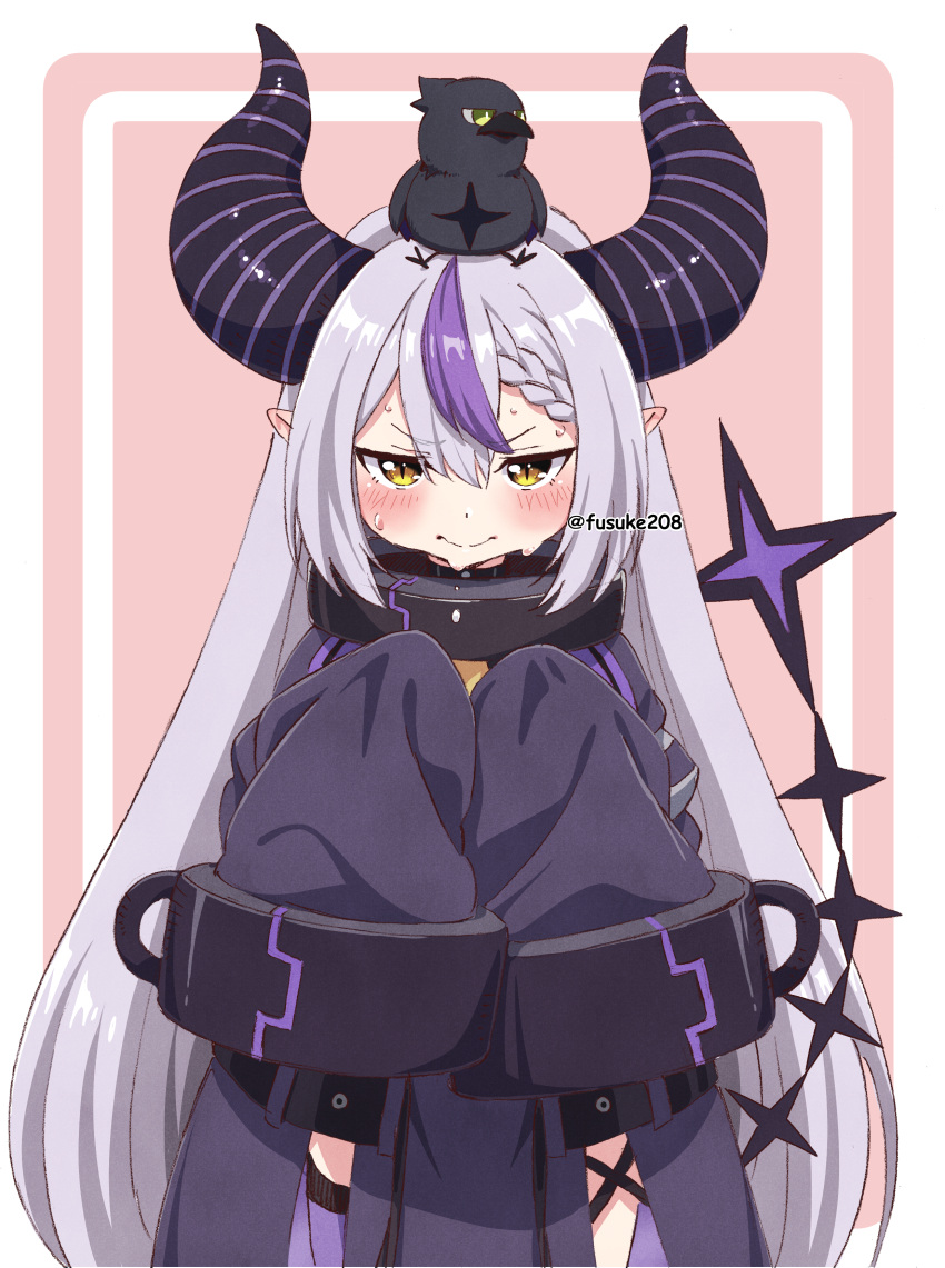 1girl absurdres black_horns blush closed_mouth crow_(la+_darknesss) fuusuke_(fusuke208) grey_hair highres hololive horns la+_darknesss long_hair long_sleeves looking_at_viewer multicolored_hair pointy_ears purple_hair purple_legwear single_thighhigh sleeves_past_fingers sleeves_past_wrists streaked_hair sweatdrop thigh-highs twitter_username virtual_youtuber yellow_eyes