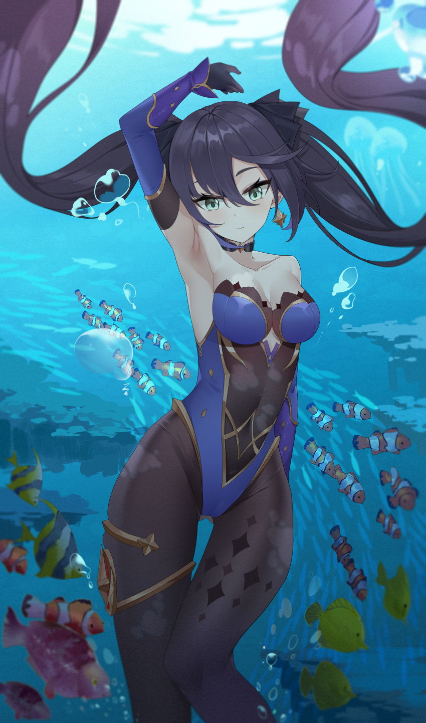 1girl absurdres angelfish arm_up armpits black_hair black_legwear blue_leotard breasts chinese_commentary choker closed_mouth clownfish collarbone detached_sleeves earrings feet_out_of_frame fish floating_hair genshin_impact gold_trim green_eyes hair_between_eyes highres jellyfish jewelry kemile leotard long_hair looking_at_viewer medium_breasts mona_(genshin_impact) no_hat no_headwear pantyhose school_of_fish solo sparkle_print star_(symbol) star_earrings submerged thigh_gap thighlet thighs twintails underwater very_long_hair water