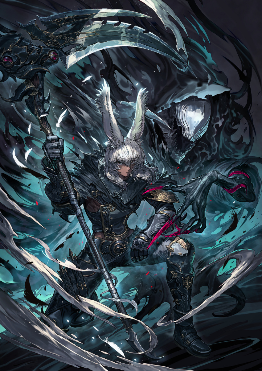 1boy 1other animal_ears armor avatar_(ffxiv) claws cloak final_fantasy final_fantasy_xiv highres hood kneeling looking_at_viewer open_mouth rabbit_ears reaper_(final_fantasy) sa-dui scythe serious silver_hair smoke viera voidsent