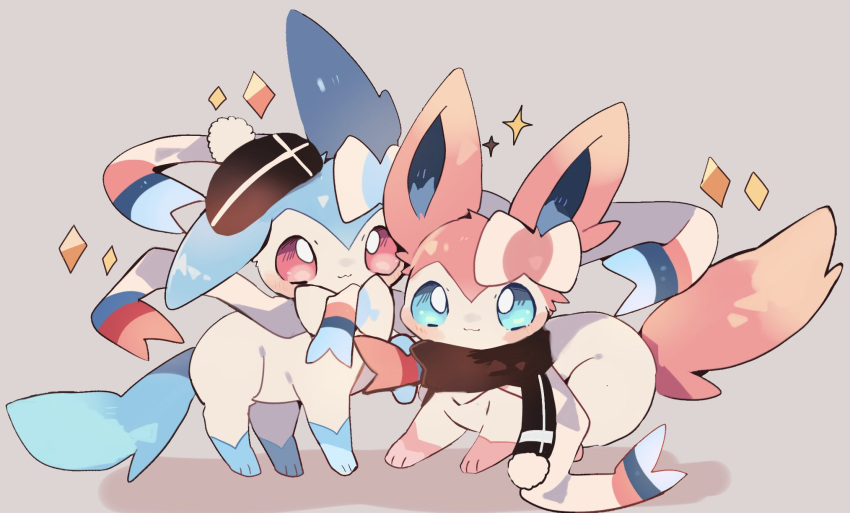 :3 alternate_color blue_eyes blush brown_scarf closed_mouth commentary_request grey_background hat hatted_pokemon highres no_humans pokemon pokemon_(creature) scarf shiny_pokemon smile standing sylveon tam_o'_shanter toes yupo_0322