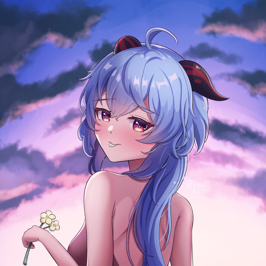 ahoge back backless_outfit bangs bare_back blue_hair blush breasts clouds evening eyebrows_visible_through_hair flower ganyu_(genshin_impact) genshin_impact highres holding holding_flower horns jisas long_hair looking_at_viewer low_ponytail multicolored_eyes no_gloves petals_in_mouth qingxin_flower scenery sidelocks sleeveless solo white_flower