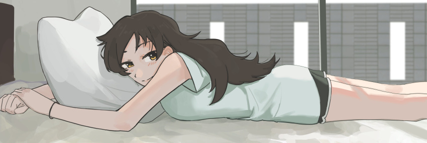 1girl absurdres bed bedroom blush brown_hair epitaph_(1122) highres idolmaster idolmaster_million_live! idolmaster_million_live!_theater_days kitazawa_shiho long_hair looking_at_viewer lying on_stomach pillow shirt shorts smile white_shirt window yellow_eyes