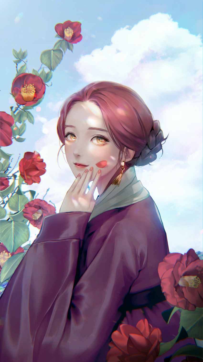 1girl absurdres braid braided_bun camellia chromatic_aberration clouds day earrings fingernails flower hair_bun hanbok hand_on_own_cheek hand_on_own_face hand_up highres jewelry korean_clothes korean_commentary kunmang light_smile lips looking_at_viewer original outdoors parted_hair petal_on_face purple_robe red_lips red_nails redhead robe shade short_hair sleeves_past_wrists solo tassel tassel_earrings upper_body yellow_eyes