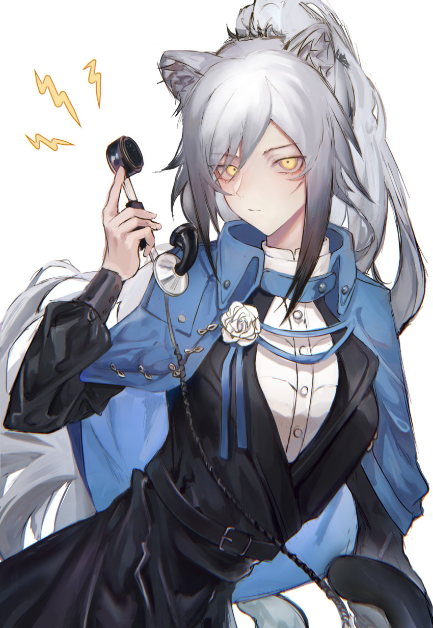 1girl animal_ear_fluff animal_ears arknights belt belt_buckle black_coat black_hair blue_cape buckle cape cat_ears cat_girl cat_tail closed_mouth coat commentary eyebrows_visible_through_hair gradient_hair highres holding holding_phone jajwjjwja long_hair long_sleeves looking_at_viewer multicolored_hair official_alternate_costume phone ponytail schwarz_(arknights) shirt sidelocks silver_hair simple_background solo tail v-shaped_eyebrows very_long_hair white_background white_shirt yellow_eyes