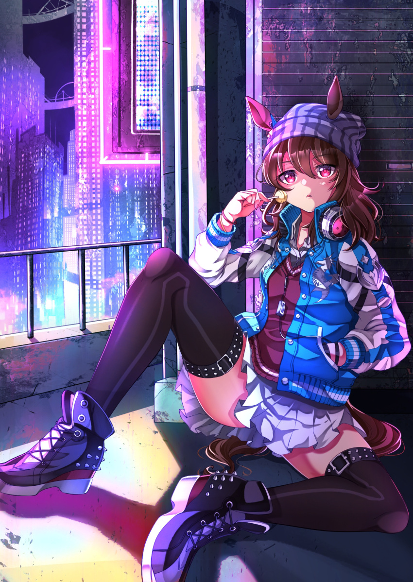 1girl animal_ears bangs beanie black_legwear blue_jacket bracelet brown_hair building candy city_lights collared_jacket collared_shirt commentary_request ears_through_headwear food full_body grey_shirt hand_in_pocket hat headphones headphones_around_neck hero_(10cl3) high_tops highres holding holding_candy holding_food holding_lollipop horse_ears horse_girl horse_tail jacket jewelry knee_up lollipop long_hair long_sleeves looking_at_viewer miniskirt nakayama_festa_(umamusume) outdoors parted_lips pleated_skirt popped_collar red_sweater shirt shoes sitting skirt skyscraper sneakers solo spiked_shoes spikes sweater sweater_vest tail thigh-highs triangle_mouth umamusume violet_eyes white_skirt