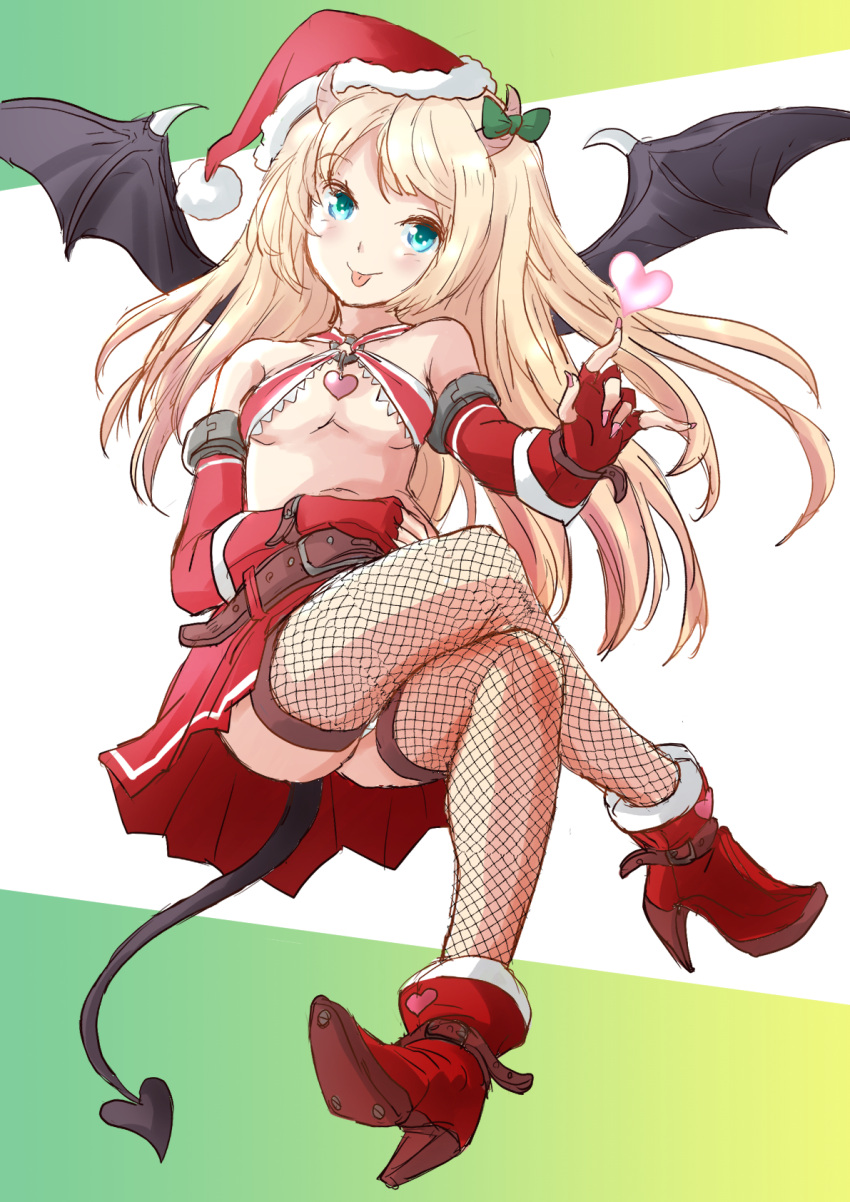 1girl alternate_costume belt belt_buckle blonde_hair blue_eyes blush boots breasts brown_belt buckle closed_mouth demon_tail demon_wings elbow_gloves eyebrows_visible_through_hair fingerless_gloves fingernails fishnet_legwear fishnets fuji_(pixiv24804665) gloves hat heart high_heel_boots high_heels highres jervis_(kancolle) kantai_collection long_hair pleated_skirt pom_pom_(clothes) red_footwear red_gloves red_skirt santa_hat skirt small_breasts smile solo tail thigh-highs tongue tongue_out wings