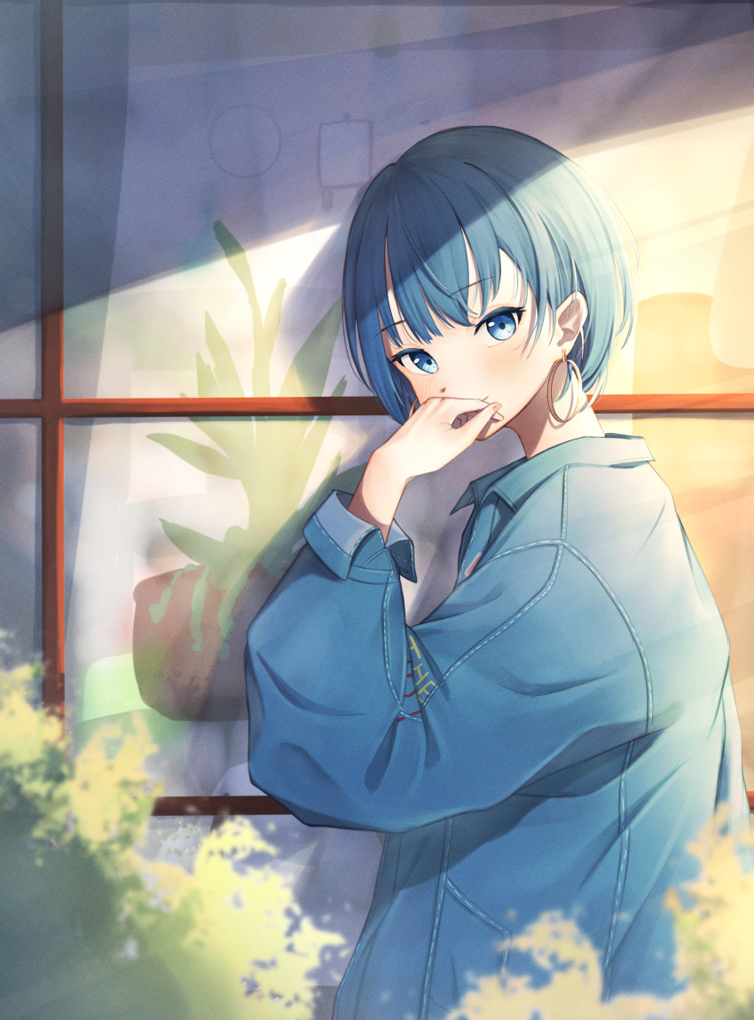 1girl absurdres bangs blue_eyes blue_hair blurry blush clothes_writing covering_mouth day denim denim_jacket earrings from_side hand_over_own_mouth hand_up highres hoop_earrings isana615 jacket jewelry kiritani_haruka long_sleeves looking_at_viewer project_sekai shade short_hair smile solo storefront upper_body