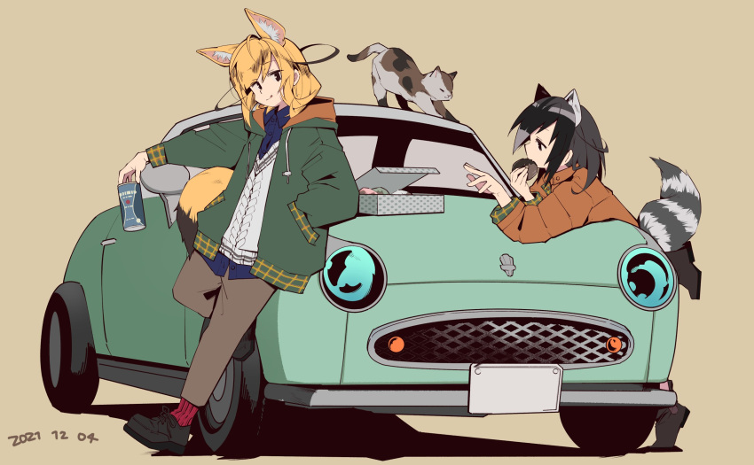 2girls :p alternate_costume animal_ears black_footwear blonde_hair blue_shirt boots brown_jacket brown_pants car casual cat collared_shirt common_raccoon_(kemono_friends) doughnut eating extra_ears eyebrows_visible_through_hair fennec_(kemono_friends) food fox_ears fox_girl fox_tail green_jacket ground_vehicle highres hood hood_down jacket kemono_friends long_sleeves looking_at_another motor_vehicle multiple_girls nanana_(nanana_iz) pants plaid_trim raccoon_ears raccoon_girl raccoon_tail red_legwear shirt short_hair socks tail tongue tongue_out