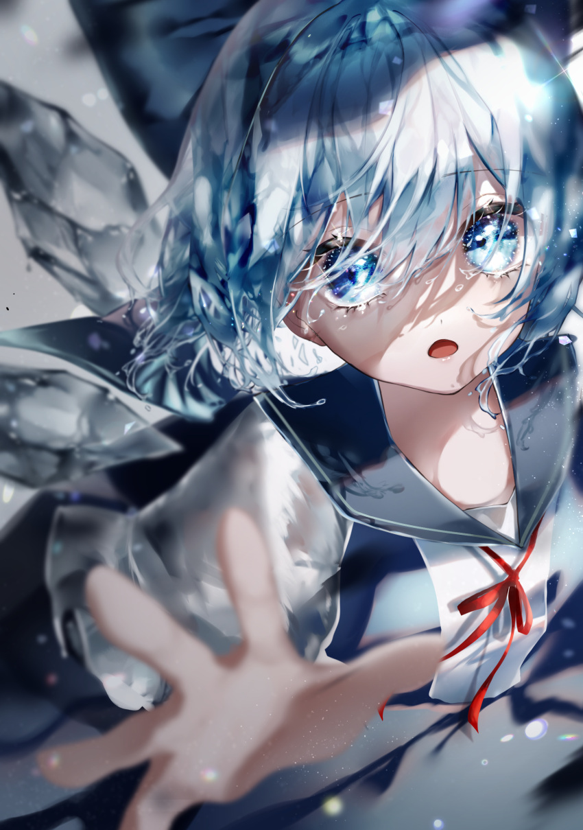1girl absurdres bangs blue_bow blue_dress blue_eyes blue_hair blue_sailor_collar blurry bow cirno depth_of_field dissolving dress eyebrows_visible_through_hair hair_bow hair_over_eyes highres ice ice_wings light_particles looking_at_viewer melting neck_ribbon open_mouth reaching_out red_ribbon ribbon sailor_collar short_hair solo touhou translucent_hair white_sleeves wings yukia_(yukia_777)