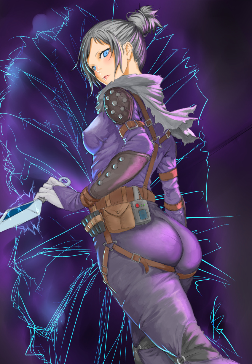 1girl absurdres apex_legends ass belt black_hair blue_eyes blush bodysuit breasts brown_belt brown_scarf covered_nipples from_side hair_bun highres holding holding_knife knife kunai looking_at_viewer macho_(massan001) medium_breasts purple_bodysuit scarf solo weapon wraith's_kunai wraith_(apex_legends)