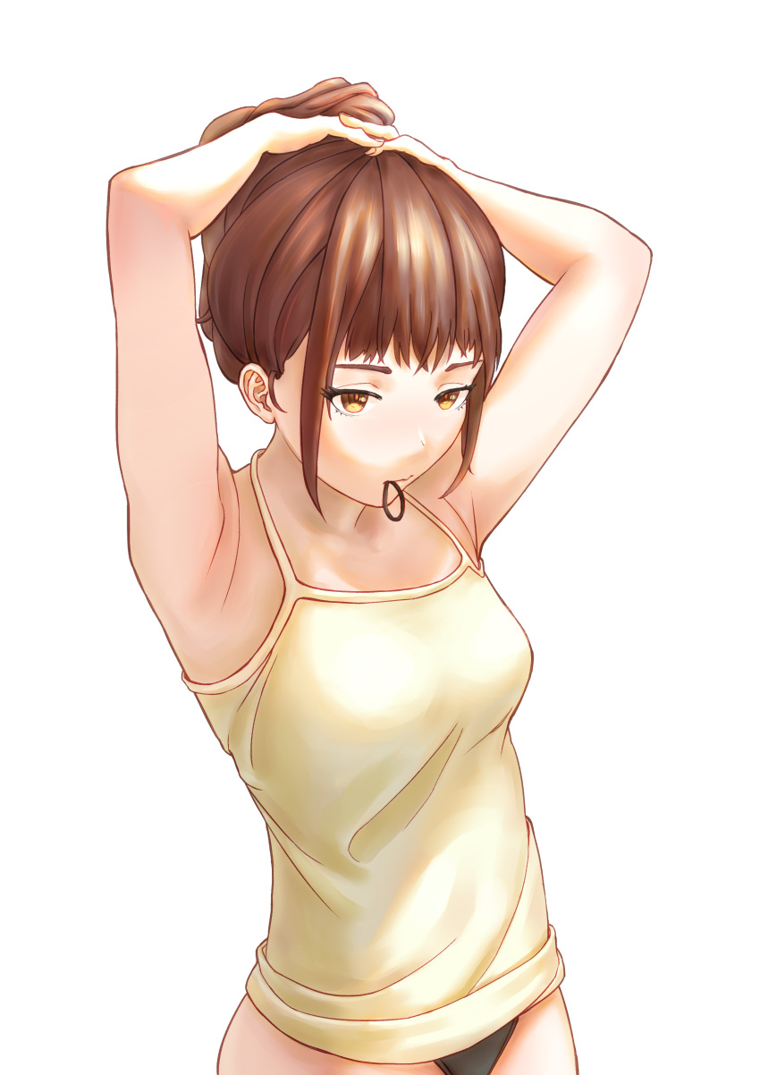 1girl absurdres an_yb armpits arms_up bangs bare_arms black_panties breasts brown_eyes brown_hair camisole commentary_request hair_tie_in_mouth halterneck highres mouth_hold no_pants original panties short_hair sidelocks simple_background small_breasts solo underwear upper_body white_background yellow_camisole