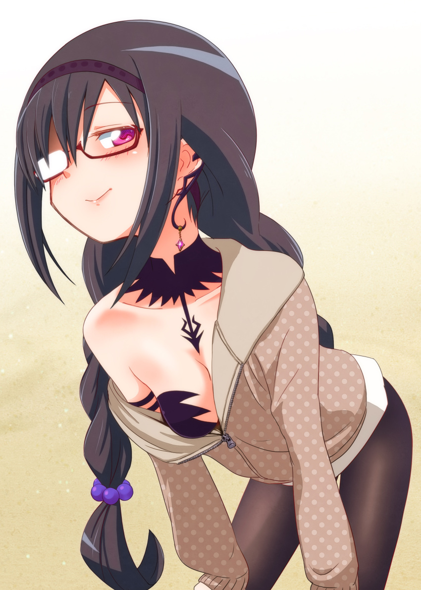 1girl absurdres akemi_homura akuma_homura bangs beads black-framed_eyewear black_hair braid breasts collarbone commentary_request earrings glasses gradient gradient_background hair_beads hair_ornament hairband hands_on_own_knees highres jewelry leaning_forward long_hair long_sleeves looking_at_viewer mahou_shoujo_madoka_magica medium_breasts off_shoulder opaque_glasses partially_opaque_glasses partially_unzipped pink_eyes polka_dot sat-c single_bare_shoulder sleeves_past_wrists solo twin_braids unmoving_pattern very_long_hair