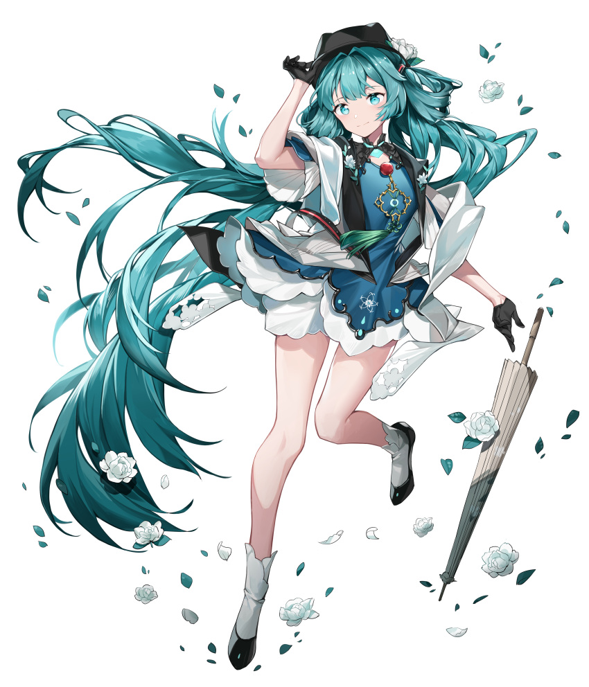 1girl absurdres aqua_eyes aqua_hair c_(2330509) chinese_clothes dress flower full_body gloves hair_rings hand_up hat hatsune_miku highres long_hair miku_with_you_(vocaloid) rose short_sleeves smile solo twintails umbrella vocaloid white_background white_flower white_rose