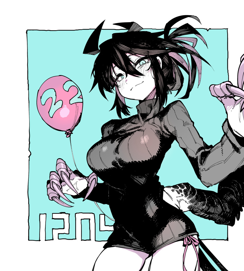 1girl absurdres animal_hands balloon bangs birthday black_hair black_sweater blue_background blue_eyes breasts claws commentary crow-chan_(karasu_raven) english_commentary hair_between_eyes harpy highres karasu_raven large_breasts looking_at_viewer medium_hair messy_hair monster_girl original panties pink_panties ponytail side-tie_panties sidelocks solo sweater turtleneck turtleneck_sweater two-tone_background underwear white_background wings