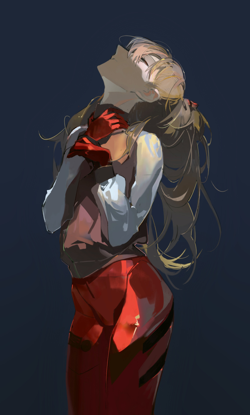 1girl absurdres blue_background bodysuit closed_eyes closed_mouth commentary cowboy_shot facing_up highres interface_headset jacket long_hair neon_genesis_evangelion orange_hair plugsuit red_bodysuit red_jacket simple_background solo soungruan_mian_mao souryuu_asuka_langley white_jacket