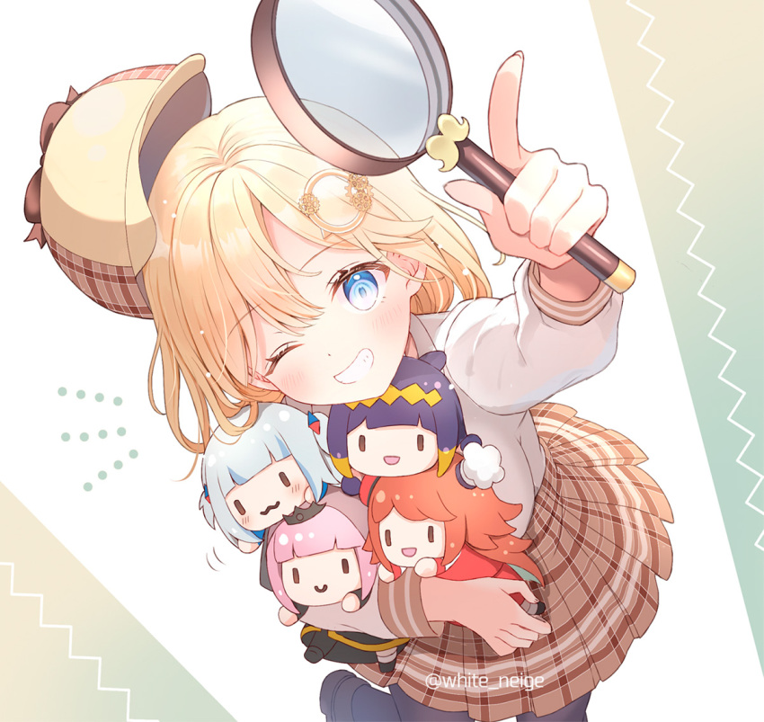 1girl ;) arm_up bangs blonde_hair blush brown_headwear brown_skirt character_doll commentary_request deerstalker doll eyebrows_visible_through_hair gawr_gura grin hair_ornament hat holding holding_doll holding_magnifying_glass hololive hololive_english holomyth index_finger_raised long_sleeves looking_at_viewer magnifying_glass monocle_hair_ornament mori_calliope ninomae_ina'nis one_eye_closed pantyhose plaid plaid_skirt pleated_skirt serino_itsuki shirt skirt smile solo takanashi_kiara twitter_username virtual_youtuber watson_amelia white_shirt