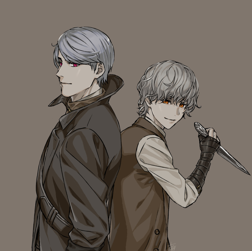 2boys arizuka_(catacombe) bangs bloodborne brown_background brown_gloves brown_jacket brown_vest fingerless_gloves from_side gloves grey_hair grey_shirt holding holding_weapon hunter_(bloodborne) jacket looking_at_viewer looking_to_the_side male_focus multiple_boys orange_eyes pink_eyes shirt short_hair simple_background smile swept_bangs upper_body vest weapon