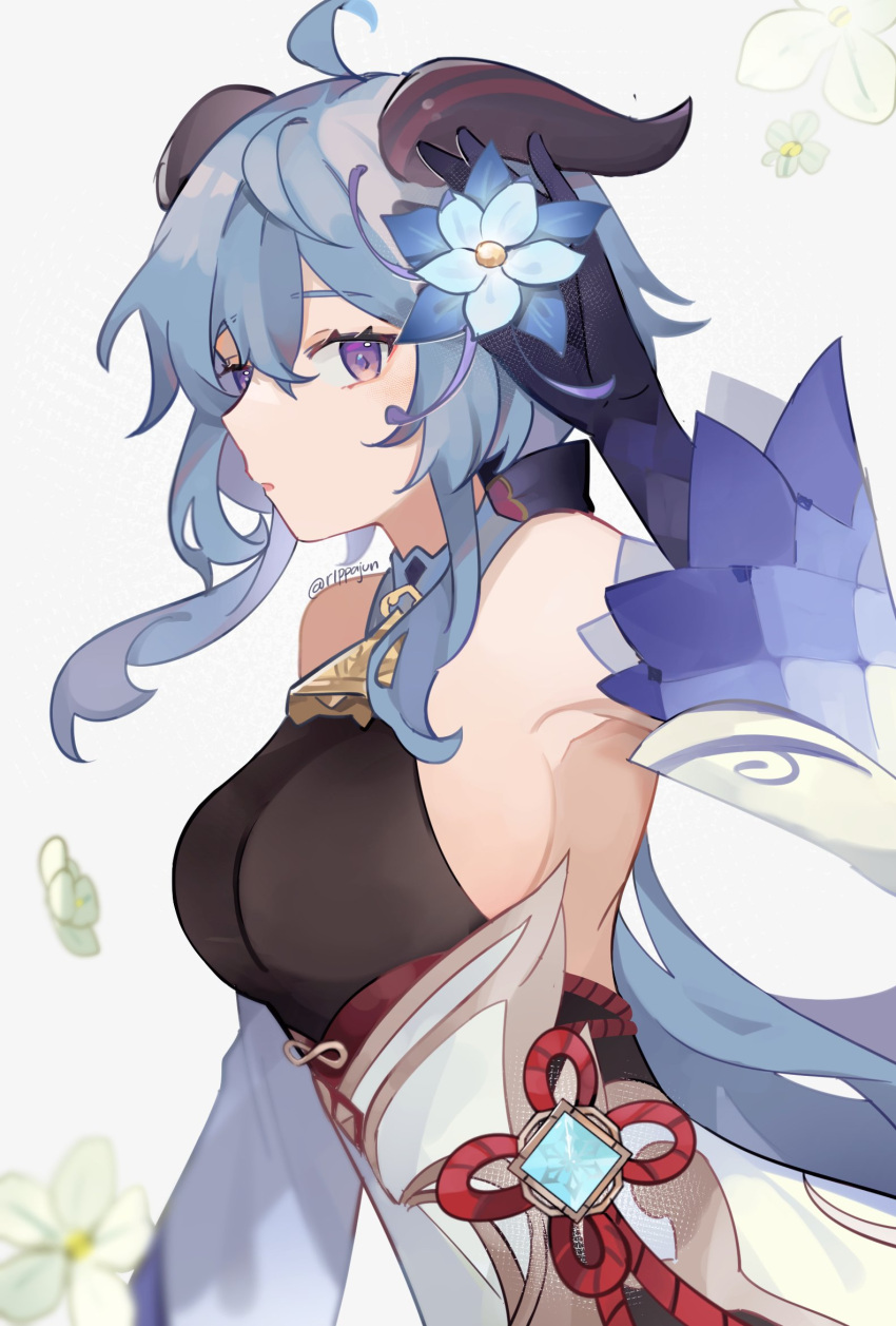 ahoge armpits arms_up artist_name bangs bare_shoulders bell black_gloves blue_flower blue_hair blush breasts chinese_knot detached_sleeves eyebrows_visible_through_hair flower flower_knot ganyu_(genshin_impact) genshin_impact glaze_lily gloves gold_trim hair_flower hair_ornament highres horns large_breasts long_hair looking_at_viewer low_ponytail multicolored_eyes neck_bell open_mouth petals qingxin_flower rippajun sideboob sidelocks solo twitter_username vision_(genshin_impact) white_flower white_sleeves wide_sleeves