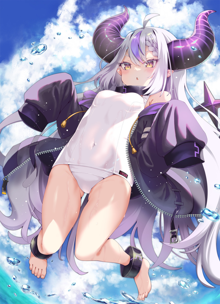 1girl ahoge ankle_cuffs barefoot blush braid breasts clouds cloudy_sky collar covered_navel day demon_horns feet highres hololive horns jacket jumping kubota_masaki la+_darknesss long_hair long_sleeves metal_collar multicolored_hair off_shoulder one-piece_swimsuit open_clothes open_jacket outdoors parted_lips purple_hair purple_jacket silver_hair sky sleeves_past_fingers sleeves_past_wrists small_breasts solo streaked_hair swimsuit very_long_hair virtual_youtuber water white_swimsuit yellow_eyes