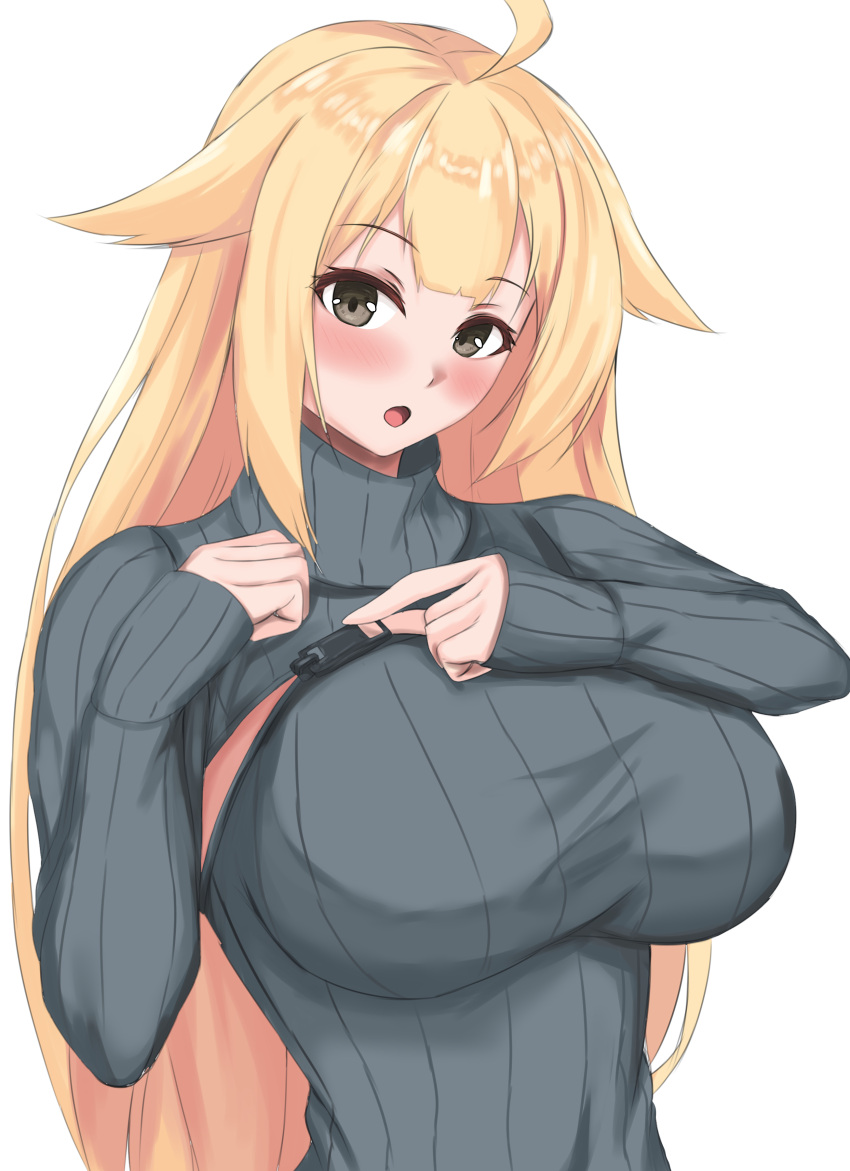 1girl absurdres ahoge blonde_hair blush breasts brown_eyes girls_frontline grey_sweater hair_flaps highres large_breasts long_hair long_sleeves looking_at_viewer m1918_(girls'_frontline) open_mouth scourer_14 sidelocks simple_background solo sweater white_background