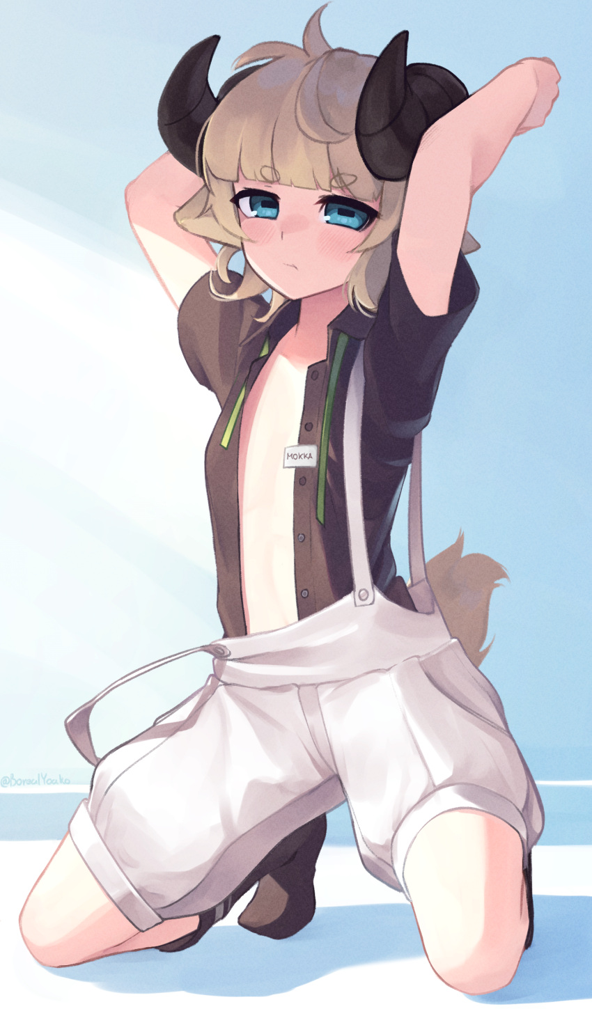 1girl absurdres animal_ears arms_up bangs black_footwear black_shirt blonde_hair blue_eyes blunt_bangs boots commentary eyebrows_visible_through_hair full_body goat_ears goat_girl goat_horns goat_tail highres horizontal_pupils horns kneeling looking_at_viewer name_tag no_bra open_clothes open_shirt original puffy_shorts shirt short_eyebrows short_hair shorts solo suspender_shorts suspenders thick_eyebrows white_shorts yoako