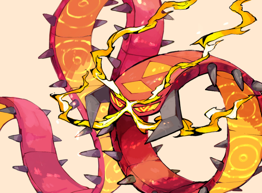 bug centipede centiskorch colored_sclera fire looking_at_viewer massakasama no_humans pokemon pokemon_(creature) simple_background solo spikes yellow_background yellow_sclera