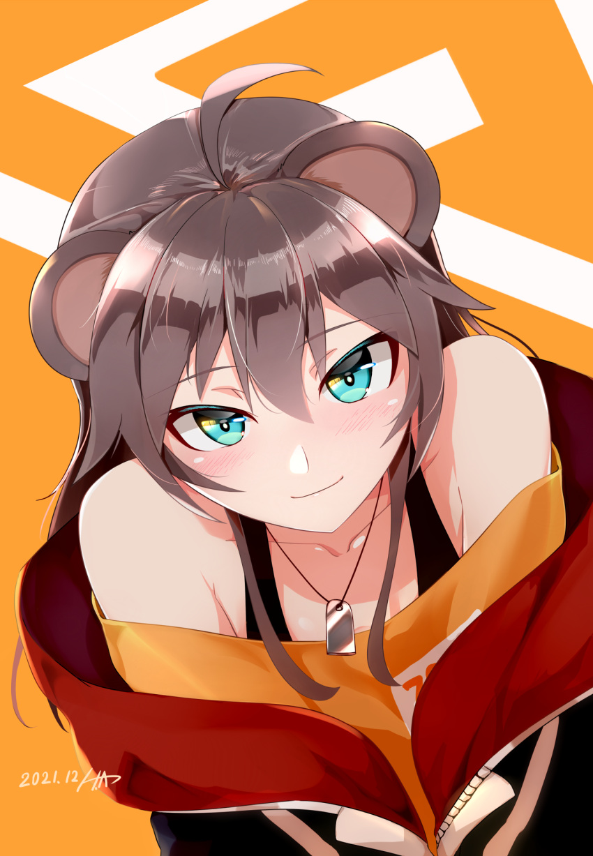 1girl aqua_eyes black_jacket black_tank_top blush brown_hair collarbone dated eyebrows_visible_through_hair hayabusa_aoi highres hololive jacket jewelry leaning_forward natsuiro_matsuri necklace off-shoulder_shirt off_shoulder orange_background orange_shirt shirt signature smile solo tank_top virtual_youtuber