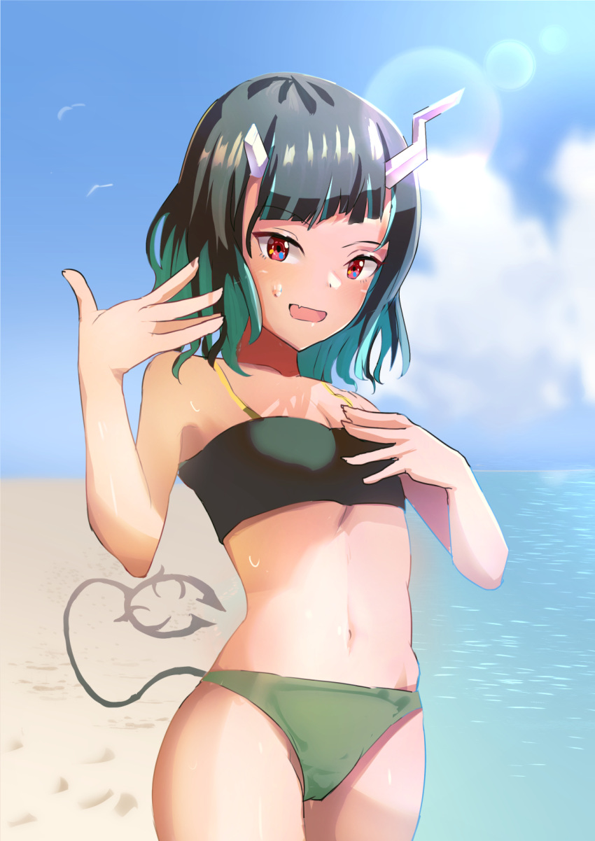 1girl alternate_costume bandeau bangs beach bikini black_bikini black_hair blue_hair blue_sky blunt_bangs blush breasts clouds commentary_request cowboy_shot day demon_girl demon_horns demon_tail eyebrows_visible_through_hair green_bikini highres horizon horns lens_flare looking_at_viewer medium_hair mismatched_bikini multicolored_hair navel ocean open_mouth outdoors pointy_ears red_eyes shishio_chris sky small_breasts solo solokitsune sugar_lyric swimsuit tail two-tone_hair virtual_youtuber water
