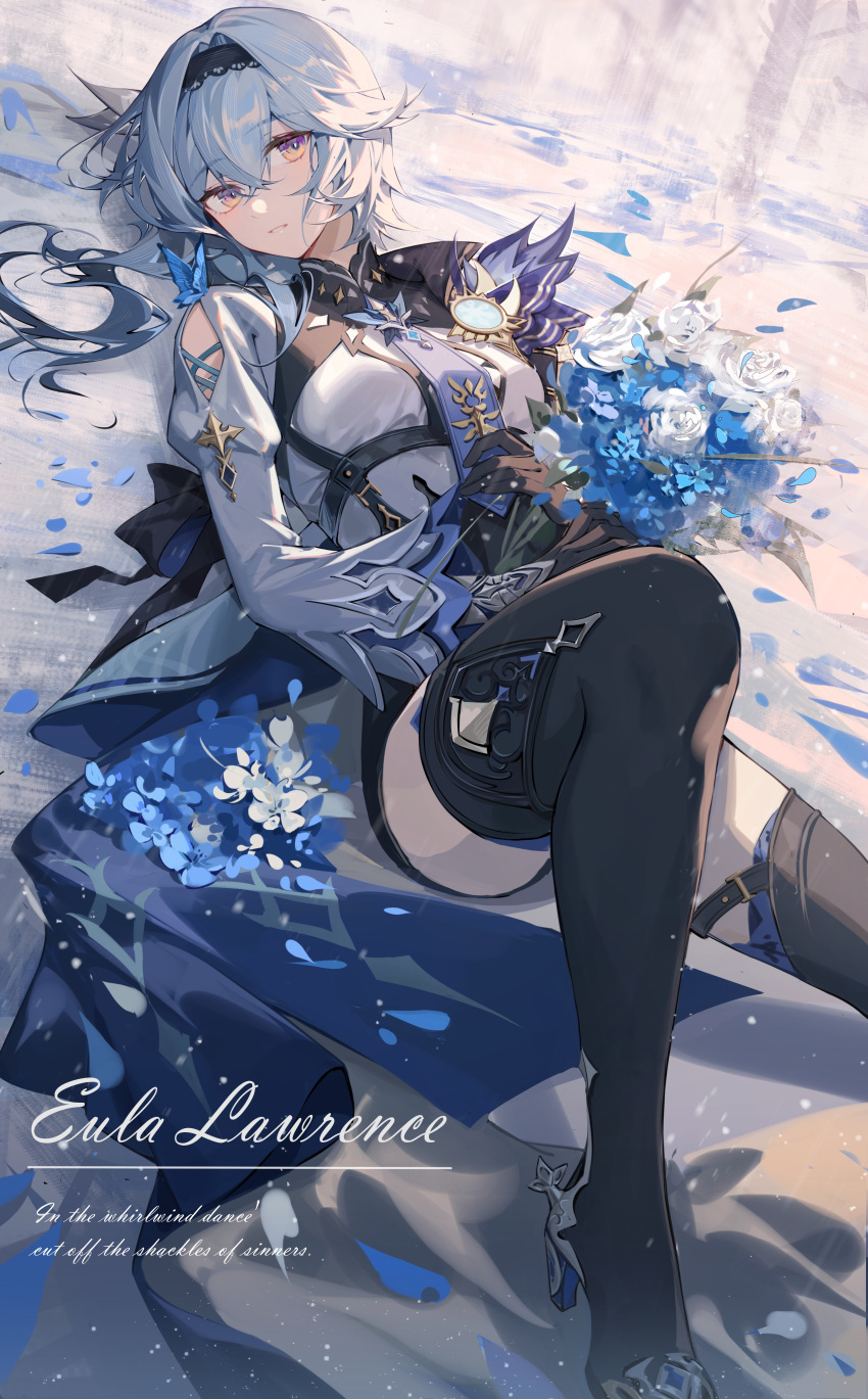 1girl 52hertz absurdres bangs black_hairband black_legwear black_leotard blue_flower blue_hair boots breasts cape dutch_angle eula_(genshin_impact) eyebrows_visible_through_hair flower foot_out_of_frame genshin_impact gloves hair_between_eyes hairband highres holding holding_flower knee_up leotard long_sleeves looking_at_viewer lying medium_breasts medium_hair multicolored_eyes necktie on_back solo thigh-highs thigh_boots thigh_strap thighs violet_eyes white_flower yellow_eyes