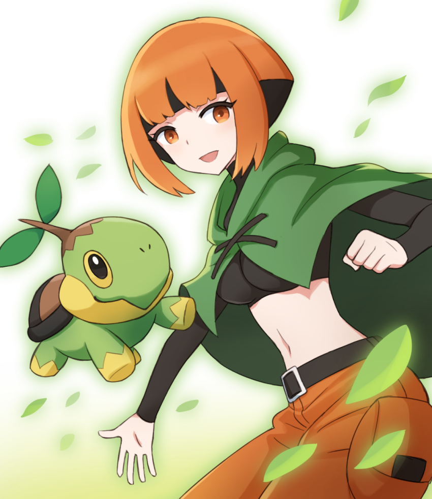 1girl 1other :d bangs belt black_belt black_hair black_shirt blunt_bangs breasts brown_eyes brown_hair brown_shorts capelet clenched_hand commentary_request cowboy_shot crop_top cropped_shirt gardenia_(pokemon) green_capelet highres leaf long_sleeves looking_at_viewer medium_breasts midriff multicolored_hair navel open_mouth outline partial_commentary pokemon pokemon_(creature) pokemon_(game) pokemon_bdsp pokemon_dppt roozin shirt short_hair shorts sidelocks simple_background smile standing turtwig two-tone_hair white_background