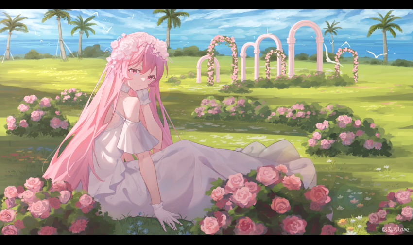 1girl bird bride day dress floral_arch flower gloves grass hair_flower hair_ornament highres lantian_lanz letterboxed looking_at_viewer original outdoors palm_tree pink_eyes pink_hair short_sleeves sitting tree water white_dress white_gloves