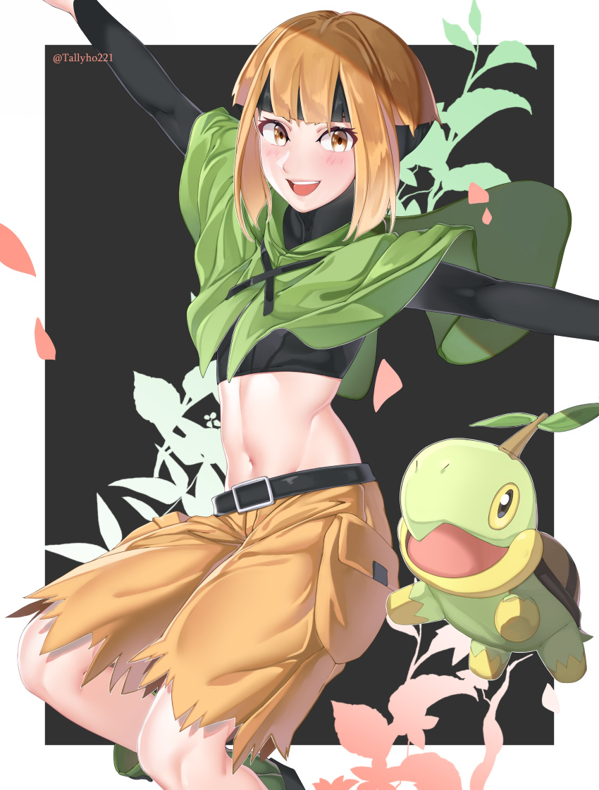 1girl :d absurdres bangs belt black_belt black_hair blunt_bangs boots commentary eyelashes gardenia_(pokemon) green_footwear highres midriff multicolored_hair navel open_mouth orange_eyes orange_hair outstretched_arms petals pokemon pokemon_(creature) pokemon_(game) pokemon_dppt poncho short_hair shorts smile tallyho221 teeth tongue torn_clothes torn_shorts turtwig two-tone_hair upper_teeth