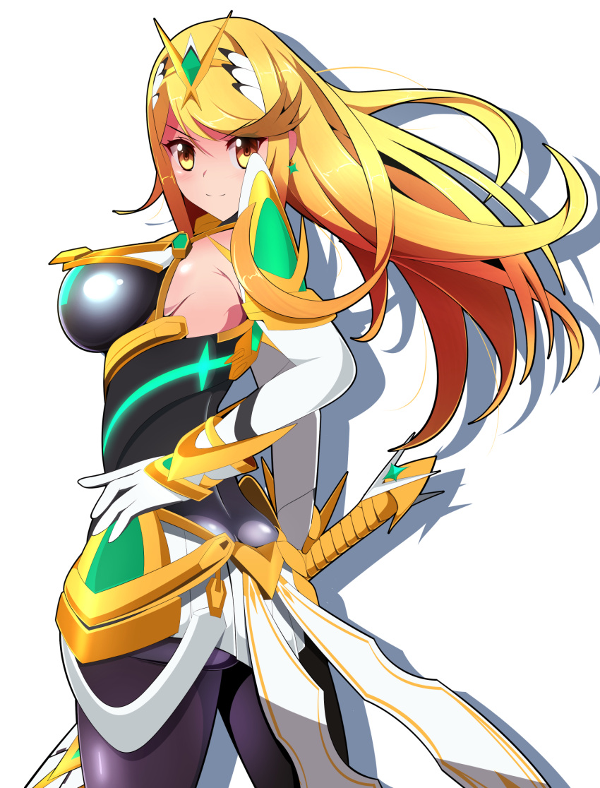 1girl bangs bare_legs bare_shoulders black_legwear blonde_hair breasts commentary_request dress earrings elbow_gloves gloves harubato highres jewelry large_breasts long_hair mythra_(massive_melee)_(xenoblade) mythra_(xenoblade) short_dress simple_background solo super_smash_bros. swept_bangs thigh_strap tiara very_long_hair white_background white_dress white_footwear white_gloves xenoblade_chronicles_(series) xenoblade_chronicles_2 yellow_eyes