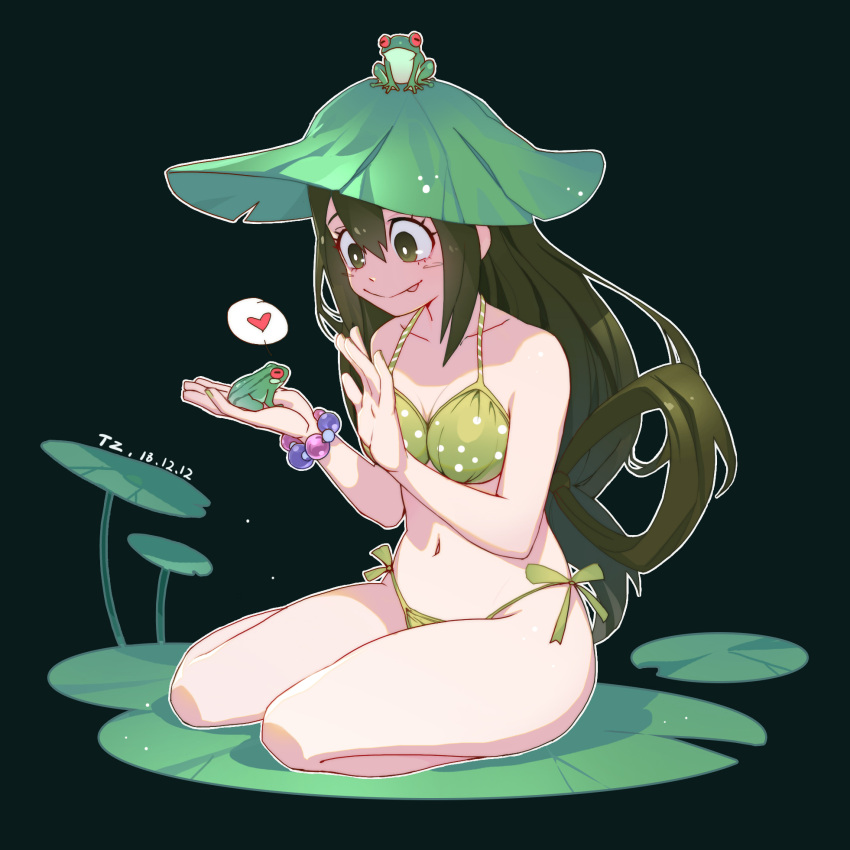 1girl :&gt; alternate_costume animal animal_on_head artist_name asui_tsuyu bikini boku_no_hero_academia bow_by_hair closed_mouth dated frog frog_girl full_body green_background green_bikini green_eyes green_hair hair_rings hat heart highres holding holding_animal kneeling lily_pad long_hair low-tied_long_hair navel on_head polka_dot polka_dot_bikini side-tie_bikini simple_background solo speech_bubble swimsuit tongue tongue_out unapril