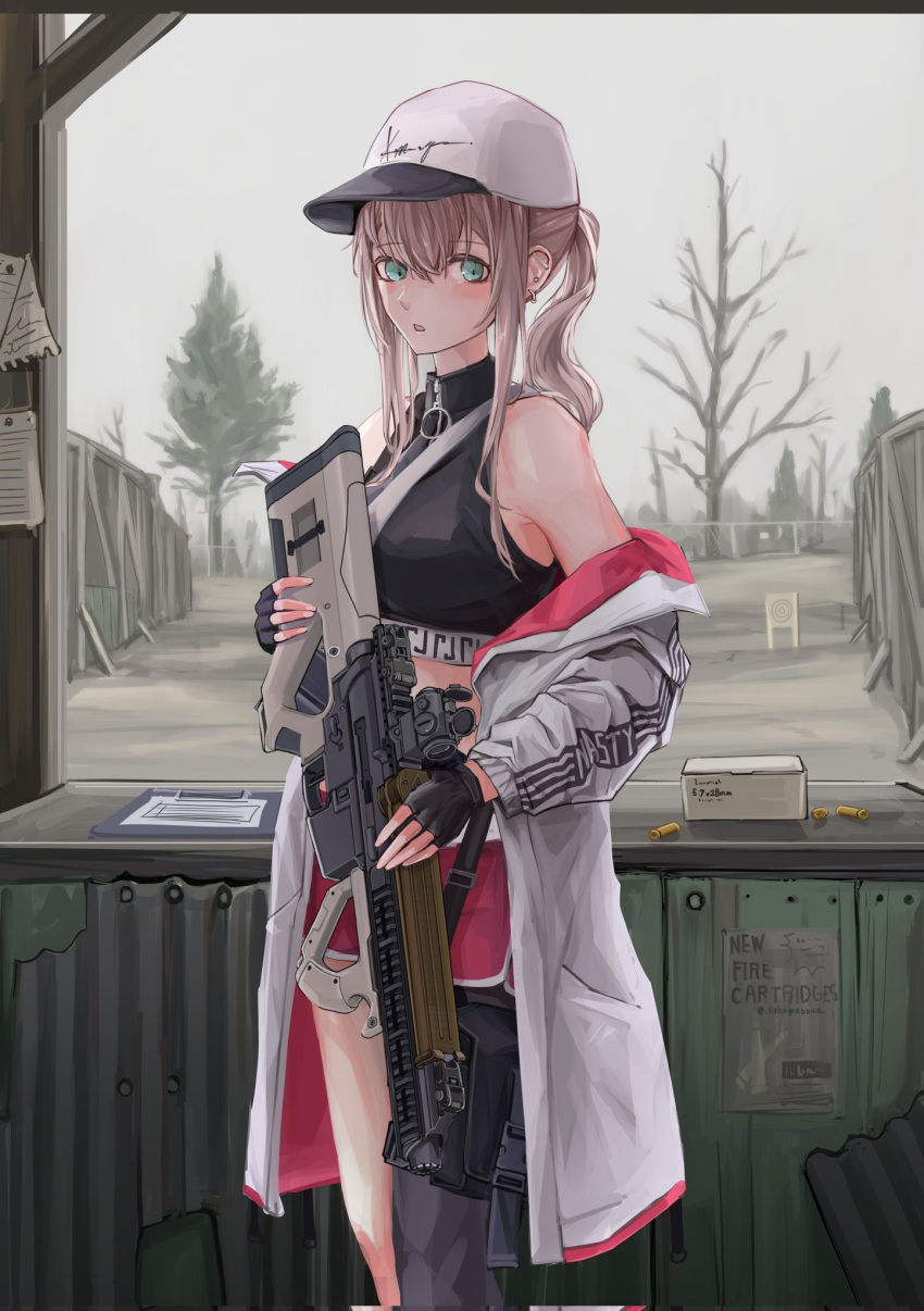 1girl :o aqua_eyes ar-57 ar-57_(girls'_frontline) assault_rifle bangs black_gloves black_tank_top blonde_hair bullet eye_piercing eyebrows_visible_through_hair feet_out_of_frame fingerless_gloves girls_frontline gloves gun hair_between_eyes highres holding holding_gun holding_weapon jacket jacket_pull lithographica long_hair looking_at_viewer off_shoulder open_clothes open_jacket open_mouth pink_shorts rifle scenery shorts solo standing tank_top tree weapon white_headwear white_jacket