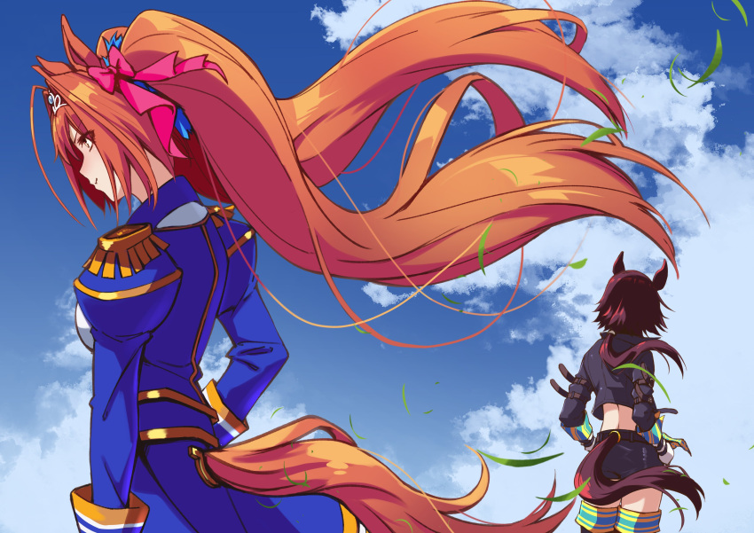 2girls absurdres ahoge animal_ears arm_garter back bangs black_jacket blue_jacket blue_sky boots bow brown_eyes brown_hair closed_mouth clouds commentary_request crop_top daiwa_scarlet_(umamusume) day epaulettes facing_away hair_bow hands_on_hips highres horse_ears horse_girl horse_tail jacket jnakamura1182 long_hair long_sleeves looking_at_viewer midriff multiple_girls outdoors pink_bow ponytail serious short_hair_with_long_locks sidelocks sky standing tail thigh-highs thigh_boots tiara two_side_up umamusume vodka_(umamusume) wind