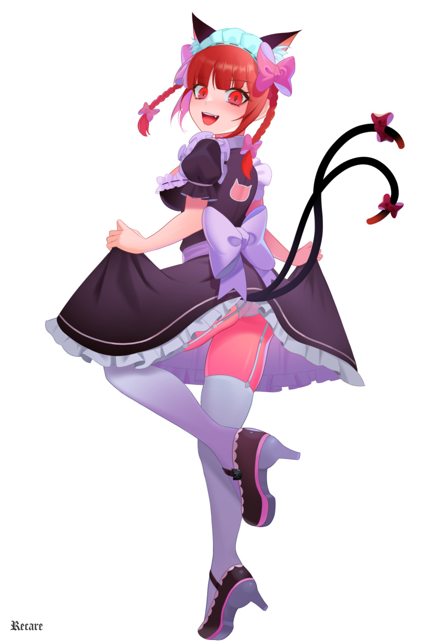 1girl :d alternate_costume ass blush braid enmaided full_body garter_straps highres kaenbyou_rin lifted_by_self looking_at_viewer looking_back maid nekomata nose_blush recare simple_background smile solo standing standing_on_one_leg thigh-highs touhou twin_braids twintails white_background white_legwear