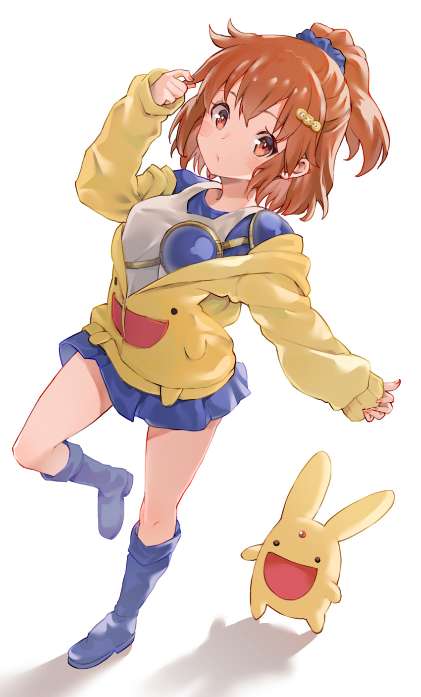 1girl :d arle_nadja blue_footwear blue_skirt blush blush_stickers boots boshi_(a-ieba) brown_eyes brown_hair dutch_angle highres hood hoodie knee_boots looking_at_viewer playing_with_own_hair puyopuyo shirt short_hair short_ponytail skirt smile solo standing standing_on_one_leg tank_top white_shirt white_tank_top yellow_hoodie