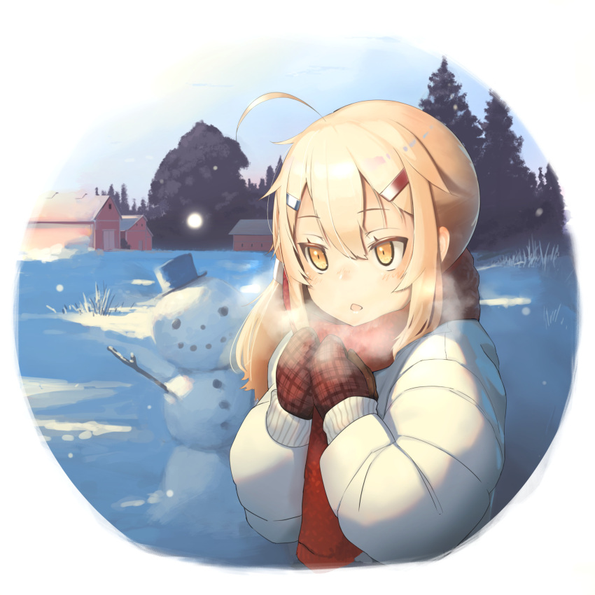 1girl :o ahoge azur_lane bangs blonde_hair blush building coat commentary day eyebrows_visible_through_hair hair_between_eyes hair_ornament hairclip heavy_breathing highres long_hair long_sleeves maury_(azur_lane) mittens open_mouth outdoors plaid_mittens ponytail red_mittens red_scarf scarf sidelocks snow snowing snowman solo standing tree upper_body visible_air white_coat winter winter_clothes winter_coat yellow_eyes yohia