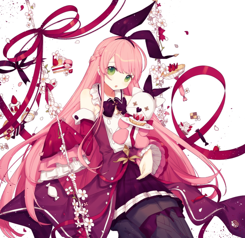 1girl arcaea bangs blunt_bangs boots bow cake cot_(co2cotton) detached_sleeves dress flower food frilled_dress frilled_sleeves frills green_eyes hair_bow highres kou_(arcaea) long_hair parted_lips pink_hair ribbon sleeves_past_fingers sleeves_past_wrists solo stuffed_animal stuffed_toy teddy_bear thigh-highs thigh_boots