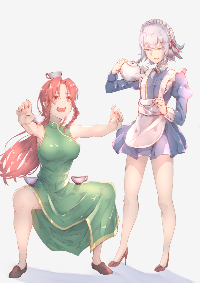 2girls alternate_eye_color apron balancing bangs blue_dress blue_eyes blush breasts brown_footwear china_dress chinese_clothes collarbone commentary_request covered_nipples cup dress frilled_apron frills gold_trim green_dress grey_background hair_ribbon high_heels highres hong_meiling izayoi_sakuya jnakamura1182 juliet_sleeves knees large_breasts loafers long_hair long_sleeves looking_at_another maid maid_apron maid_headdress multiple_girls open_mouth parted_bangs pouring puffy_sleeves red_eyes red_footwear redhead ribbon shirt shoes short_hair sidelocks silver_hair simple_background sleeveless sleeveless_dress smile squatting standing teacup teapot thighs touhou tress_ribbon twintails white_apron