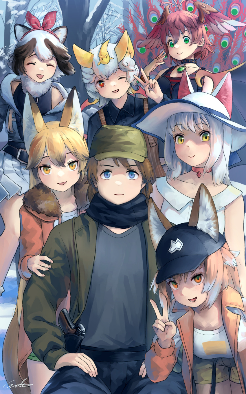 1boy 6+girls :d absurdres alternate_costume animal_ears bangs baseball_cap bat_ears behind_another bent_over black_hair blonde_hair blue_eyes brown_eyes brown_hair captain_(kemono_friends) choker closed_eyes day dress ears_through_headwear empty_eyes eyebrows_visible_through_hair ezo_red_fox_(kemono_friends) facing_viewer fang fox_ears green_eyes grey_hair gun hair_between_eyes handgun happy hat head_wings highres holster holstered_weapon honduran_white_bat_(kemono_friends) jacket japanese_wolf_(kemono_friends) kemono_friends long_hair long_sleeves looking_at_viewer miniskirt multicolored_hair multiple_girls oinari-sama_(kemono_friends) one_eye_closed open_mouth outdoors peacock_feathers pleated_skirt raccoon_ears red_eyes redhead scarf shirt skirt smile snow sun_hat suzaku_(kemono_friends) tanuki_(kemono_friends) two-tone_hair v weapon welt_(kinsei_koutenkyoku) white_hair wolf_ears