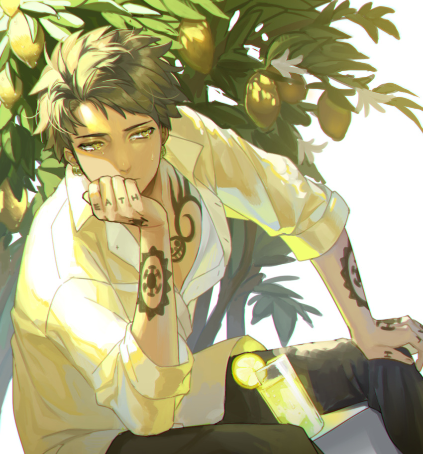 1boy arm_tattoo black_hair black_pants bow_(tanaka_1001) bush chest_tattoo commentary_request crying crying_with_eyes_open cup drinking_glass dutch_angle earrings elbow_on_knee food fruit fruit_tree grey_hair hand_tattoo head_rest highres jewelry lemon male_focus one_piece pants partially_unbuttoned shirt short_hair sitting sleeves_folded_up solo tattoo tears trafalgar_law tree white_shirt yellow_eyes