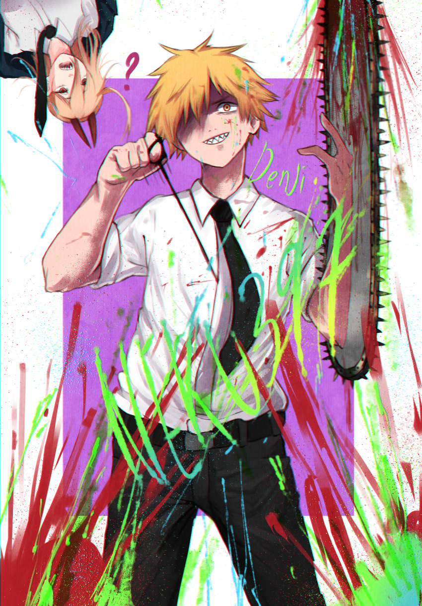 1boy 1girl chainsaw chainsaw_man denji_(chainsaw_man) fangs hair_between_eyes highres looking_at_viewer male_focus necktie neku397 power_(chainsaw_man) simple_background splatter