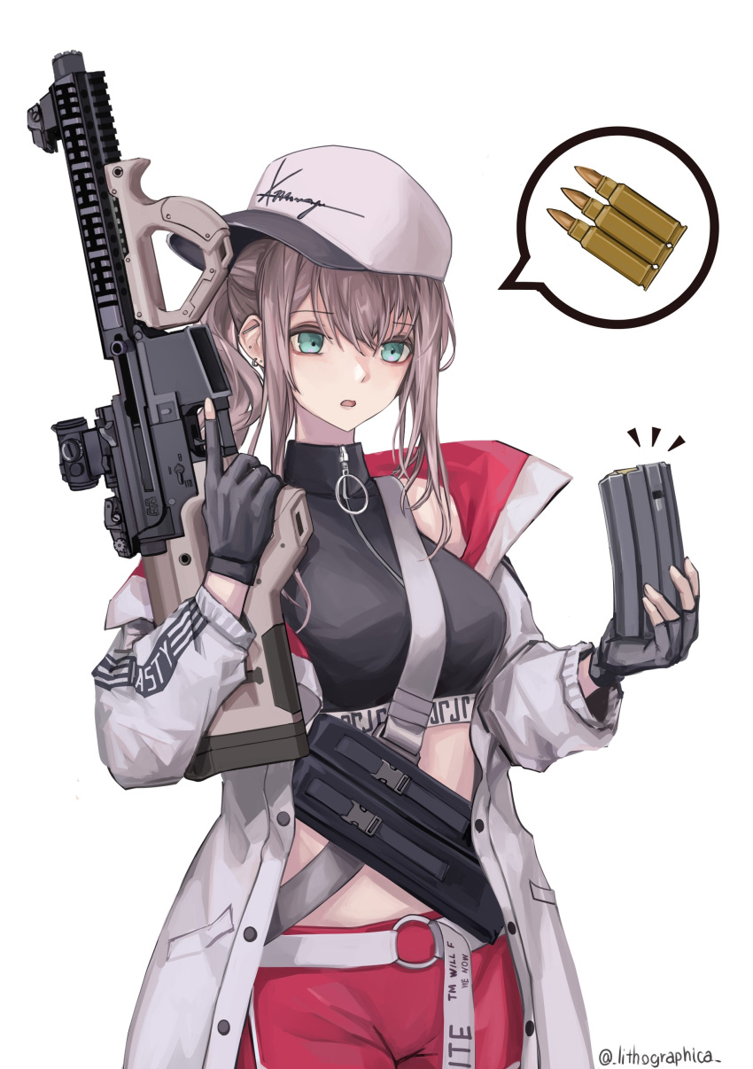 1girl :o absurdres aqua_eyes ar-57 ar-57_(girls'_frontline) assault_rifle bangs black_gloves black_tank_top eye_piercing eyebrows_visible_through_hair feet_out_of_frame fingerless_gloves girls_frontline gloves grey_hair gun hair_between_eyes highres holding holding_gun holding_magazine_(weapon) holding_weapon jacket lithographica long_hair looking_down open_clothes open_jacket open_mouth ponytail red_shorts rifle shorts solo standing tank_top twitter_username weapon white_background white_headwear white_jacket