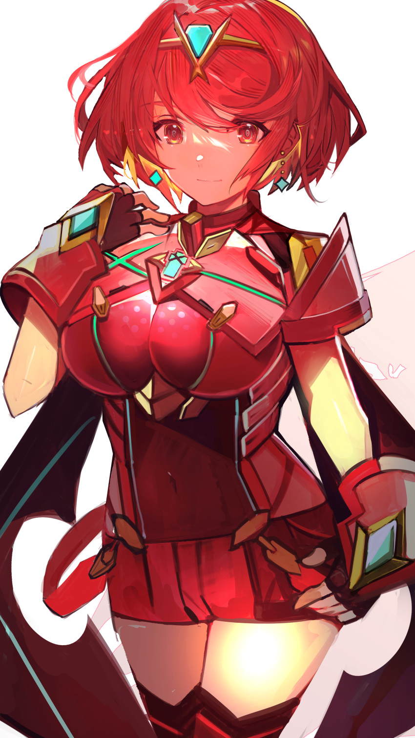 1girl absurdres bangs black_gloves breasts chest_jewel earrings fingerless_gloves gloves highres jewelry large_breasts pyra_(xenoblade) red_eyes red_legwear red_shorts redhead short_hair short_shorts shorts solo swept_bangs tarbo_(exxxpiation) thigh-highs tiara xenoblade_chronicles_(series) xenoblade_chronicles_2