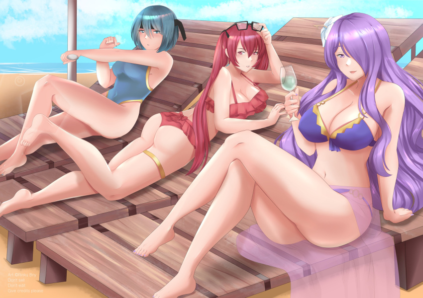 absurdres ass beach beruka_(fire_emblem) bikini bikini_skirt blue_hair breasts camilla_(fire_emblem) fire_emblem fire_emblem_fates fire_emblem_heroes headband highres one-piece_swimsuit purple_hair redhead rinku_bny severa_(fire_emblem) sunbathing sunglasses swimsuit twintails